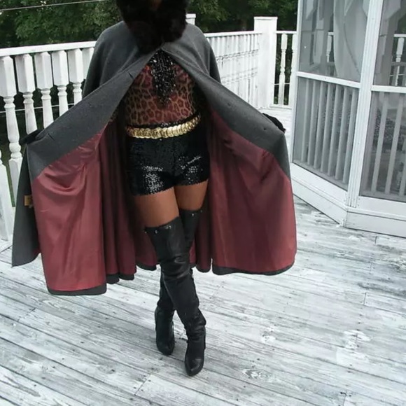 Rare Designer FL Fur trim hood Gray cape Coat S-M - Picture 7 of 8